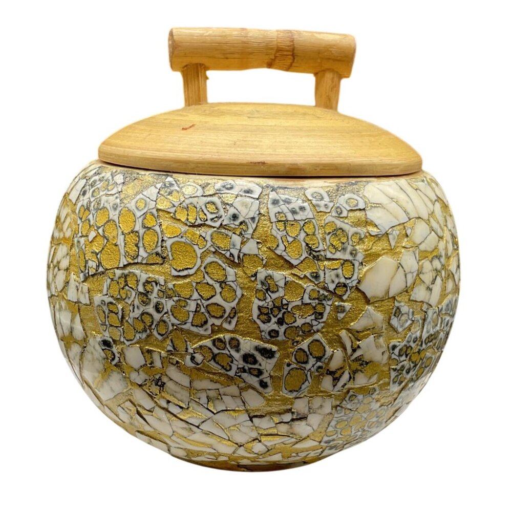 Bamboo Lidded Bowl Trinket Holder With Gold Crackle Accent By Pier 1 - 4" Diamet